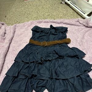 Stylish Blue Strapless Dress with Brown Belt